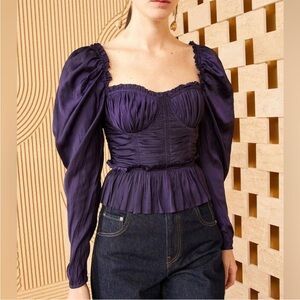 NWT Ulla Johnson Mia Ruffled Peplum Satin Top in Purple, Size 8